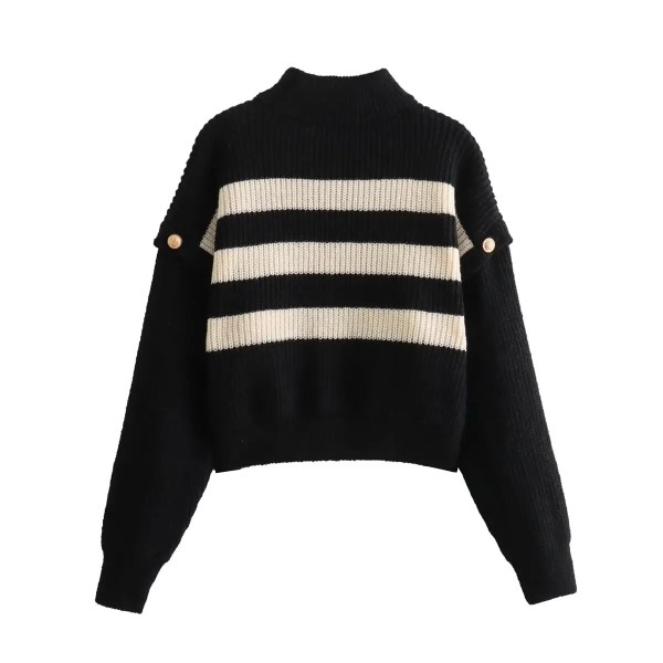 Women’s Buckle Sleeve Black White Strip Gold Button Detail High Neck Knit Jumper