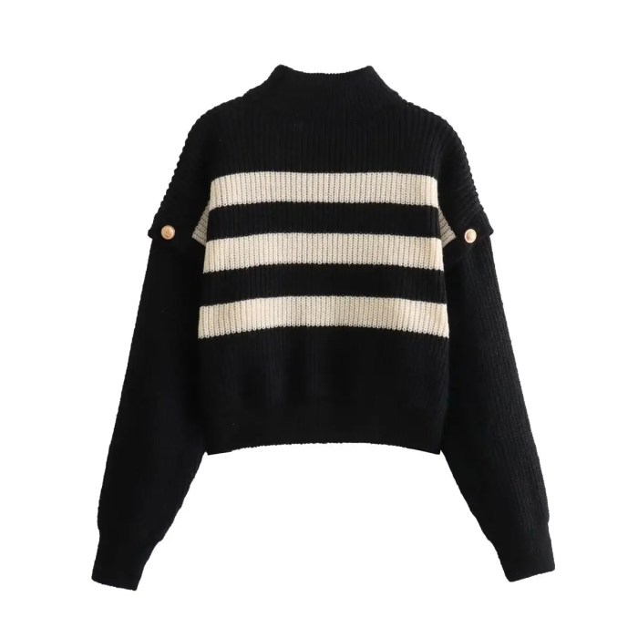 Women’s Buckle Sleeve Black White Strip Gold Button Detail High Neck Knit Jumper