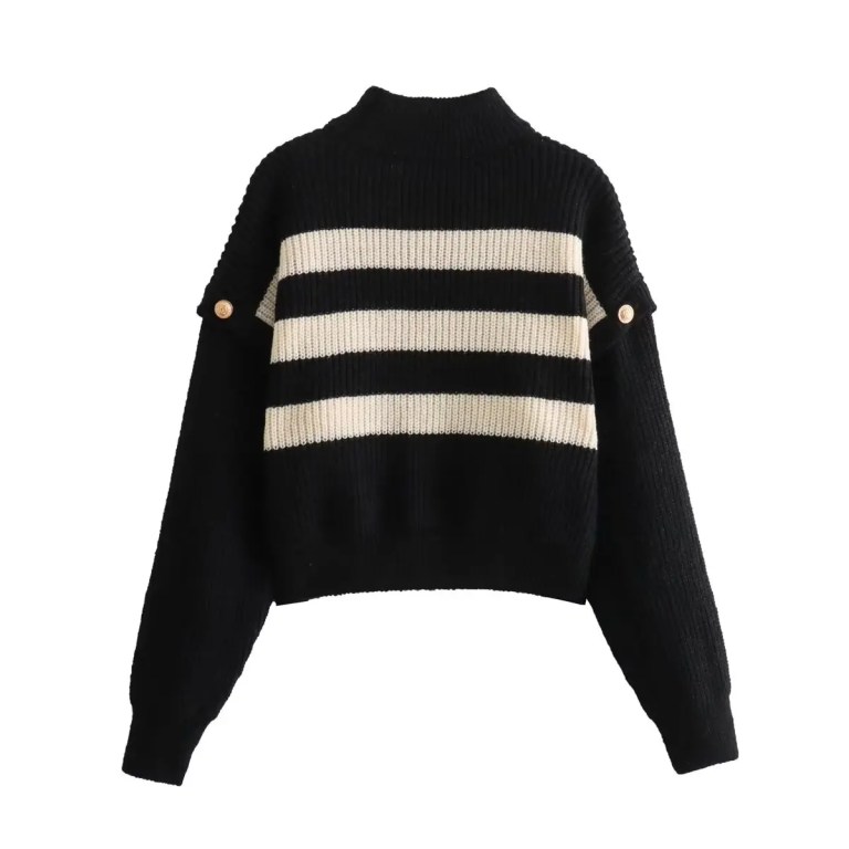 Women’s Buckle Sleeve Black White Strip Gold Button Detail High Neck Knit Jumper