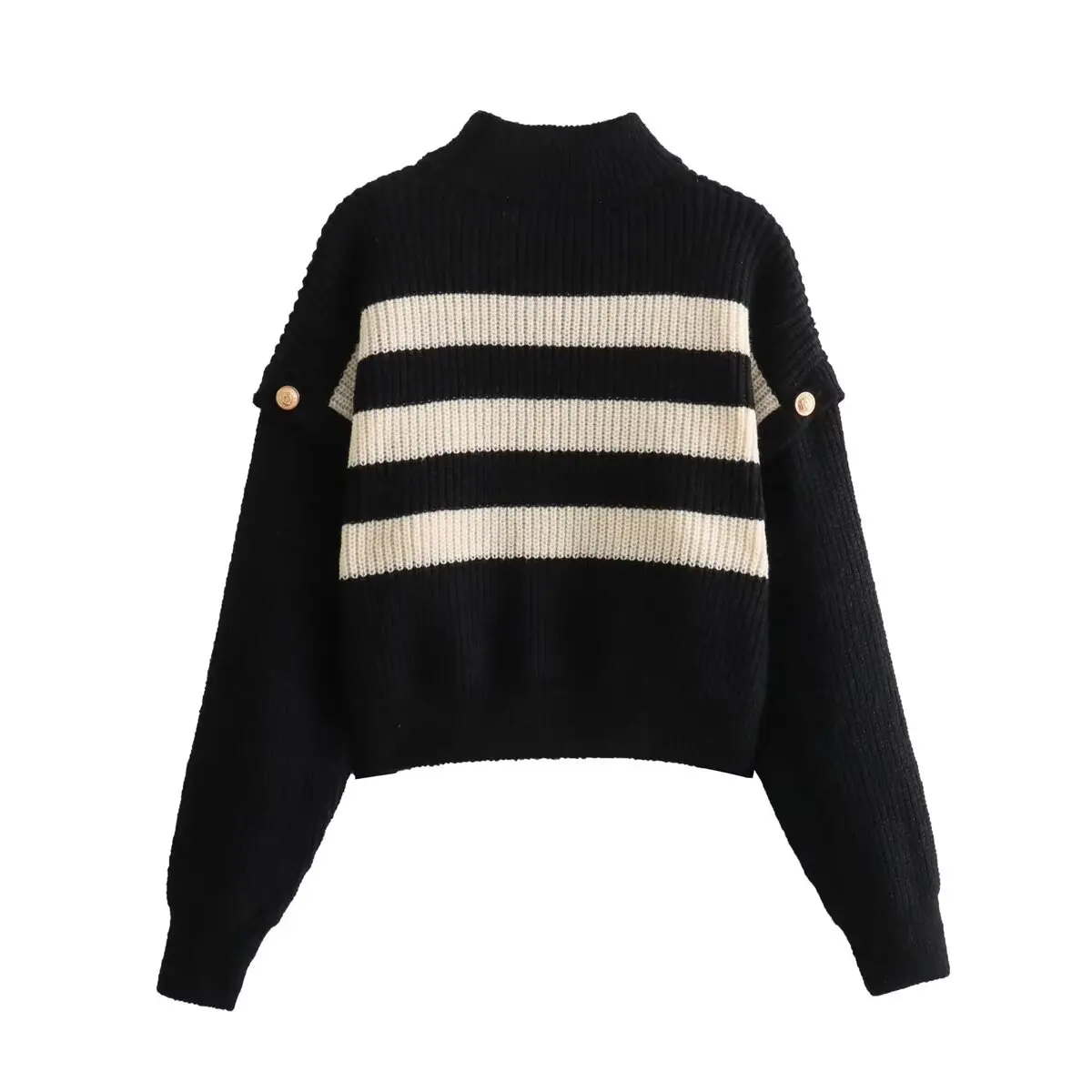 Women’s Buckle Sleeve Black White Strip Gold Button Detail High Neck Knit Jumper