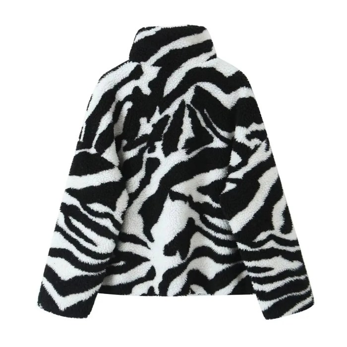 Womens Black and White Faux Wool Vintage Zip Long-Sleeved Jacket High Neck