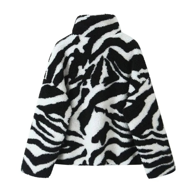 Womens Black and White Faux Wool Vintage Zip Long-Sleeved Jacket High Neck