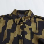 Womens Black Military Green Silk Satin Print Shirt Gold Button Detail