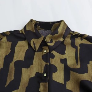 Womens Black Military Green Silk Satin Print Shirt Gold Button Detail Womens Black Military Green Silk Satin Print Shirt Gold Button Detail