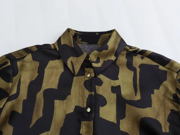 Womens Black Military Green Silk Satin Print Shirt Gold Button Detail Womens Black Military Green Silk Satin Print Shirt Gold Button Detail