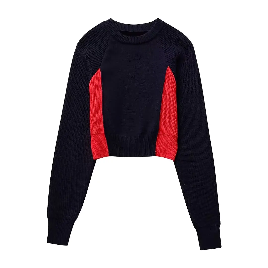 Women’s Colorblock Round Collar Long Sleeve Knit Black Red Women’s Colorblock Round Collar Long Sleeve Knit Black Red