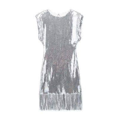 Womens Sleeveless Sequined Tassel Silver Round Collar Mini Dress Womens Sleeveless Sequined Tassel Silver Round Collar Mini Dress
