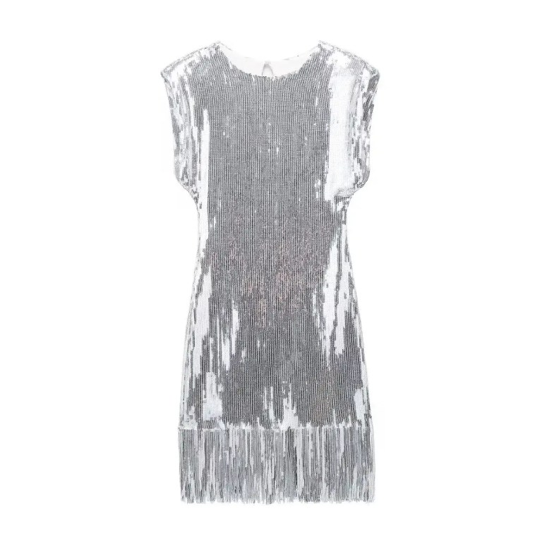 Womens Sleeveless Sequined Tassel Silver Round Collar Mini Dress Womens Sleeveless Sequined Tassel Silver Round Collar Mini Dress