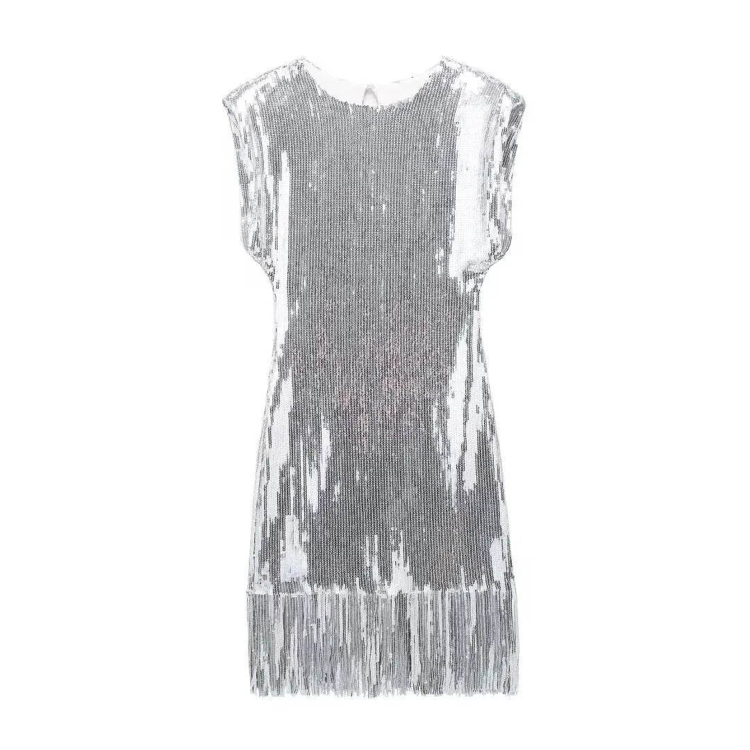 Womens Sleeveless Sequined Tassel Silver Round Collar Mini Dress Womens Sleeveless Sequined Tassel Silver Round Collar Mini Dress