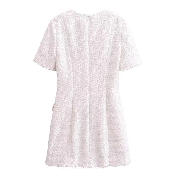 Womens Classic Black or White Short sleeve Tweed Mini Dress with Button Detail