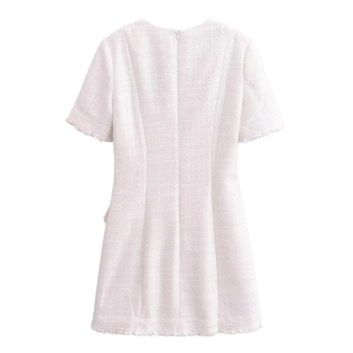 Womens Classic Black or White Short sleeve Tweed Mini Dress with Button Detail