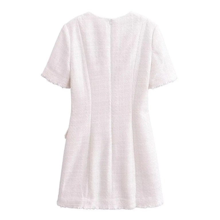 Womens Classic Black or White Short sleeve Tweed Mini Dress with Button Detail