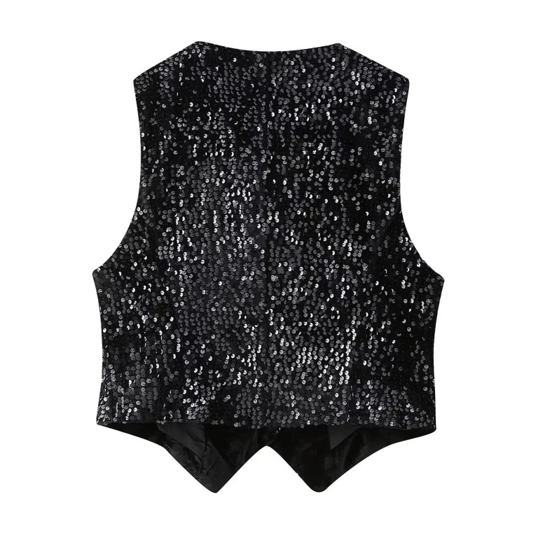 Women’s Sleeveless Sequences Short Vest Coat + High Waist Shorts Set