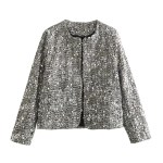 Womens Sequin Tweed Round Collar Vintage Jacket