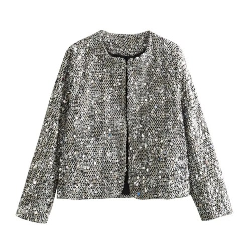 Womens Sequin Tweed Round Collar Vintage Jacket