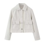 Womens Casual Polo Collar Long Sleeve Textured Straight Cut Jacket