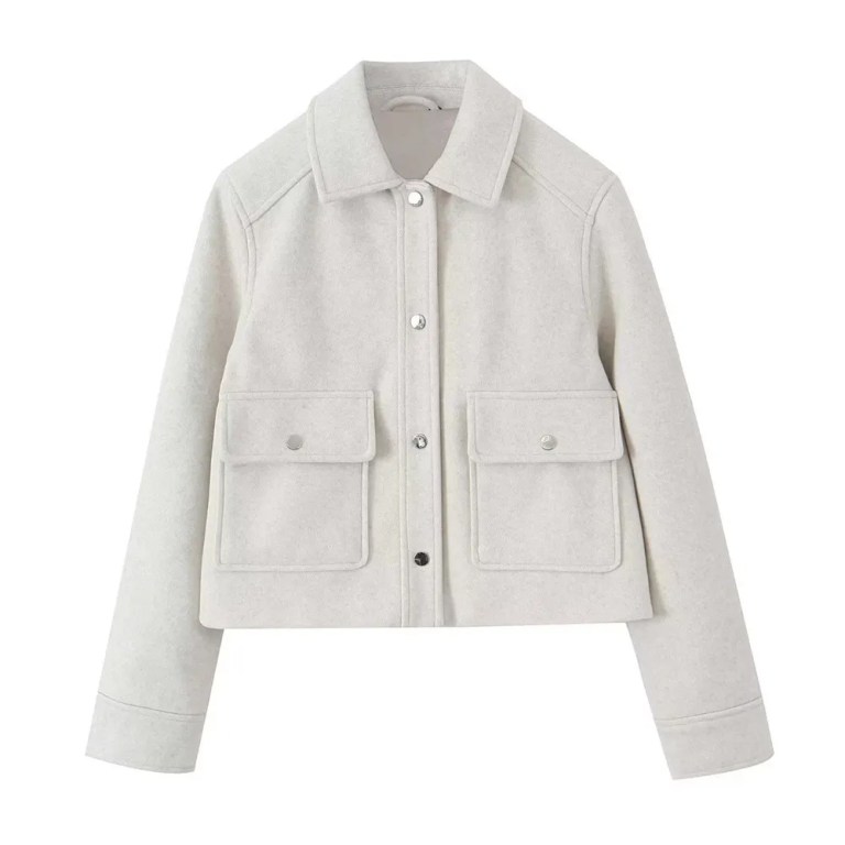 Womens Casual Polo Collar Long Sleeve Textured Straight Cut Jacket