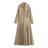 Womens Khaki Military Pleated Shirt Midi Dress With long cuffed sleeve
