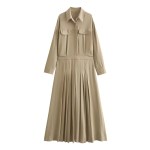 Womens Khaki Military Pleated Shirt Midi Dress With long cuffed sleeve