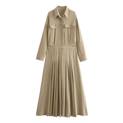 Womens Khaki Military Pleated Shirt Midi Dress With long cuffed sleeve Womens Khaki Military Pleated Shirt Midi Dress With long cuffed sleeve