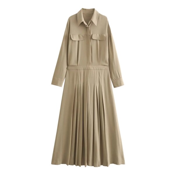 Womens Khaki Military Pleated Shirt Midi Dress With long cuffed sleeve