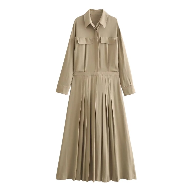 Womens Khaki Military Pleated Shirt Midi Dress With long cuffed sleeve
