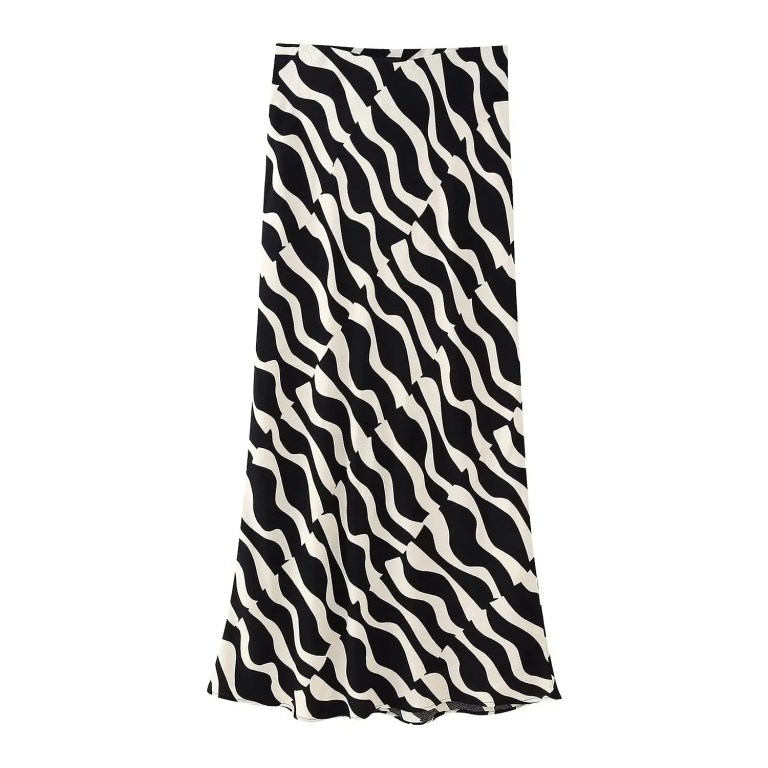 Womens Black & White Swirl Print Shirt + Midi Skirt Set