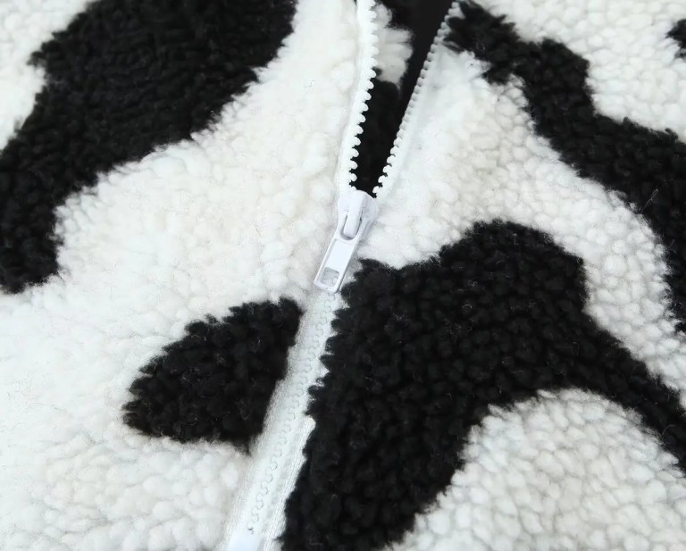 Womens Black and White Faux Wool Vintage Zip Long-Sleeved Jacket High Neck