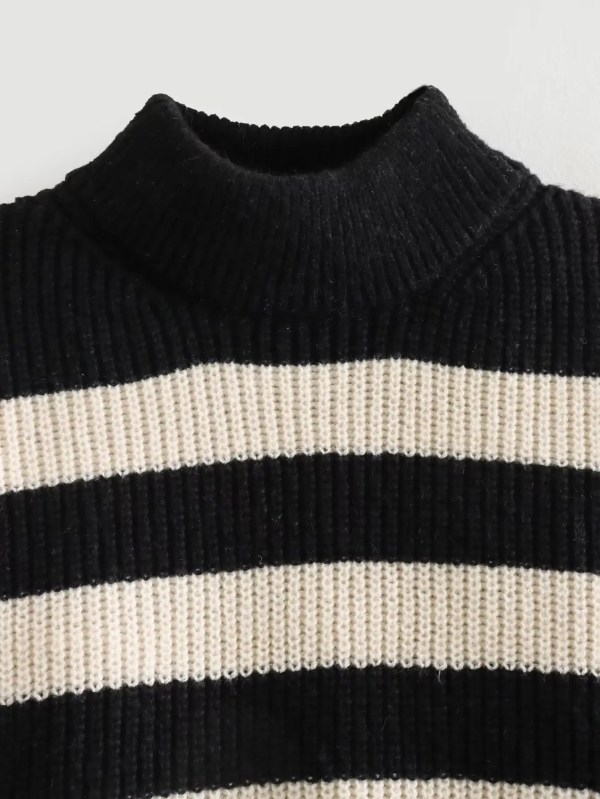 Women’s Buckle Sleeve Black White Strip Gold Button Detail High Neck Knit Jumper