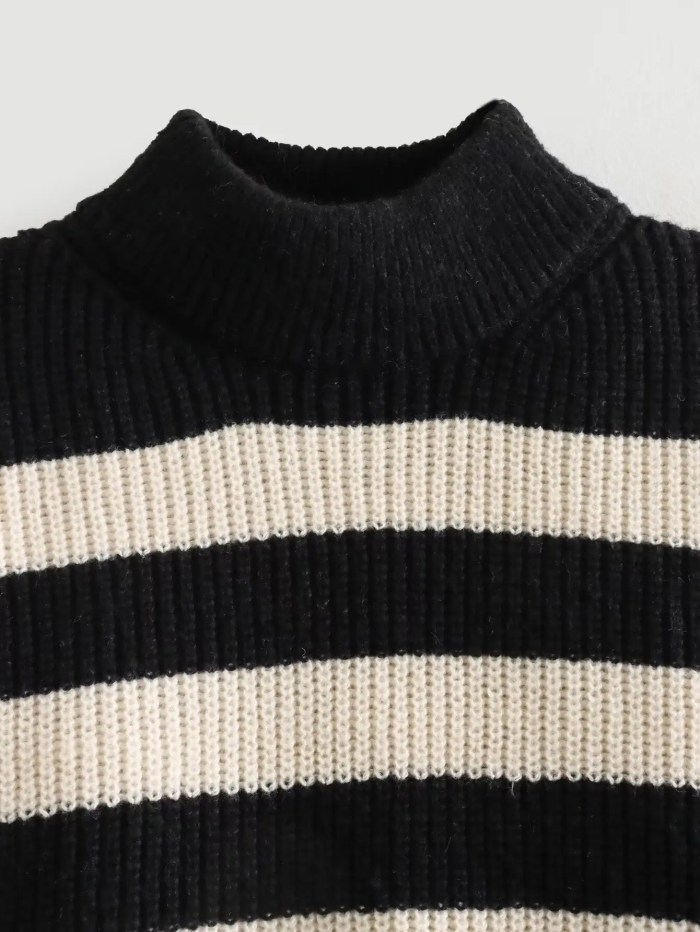 Women’s Buckle Sleeve Black White Strip Gold Button Detail High Neck Knit Jumper