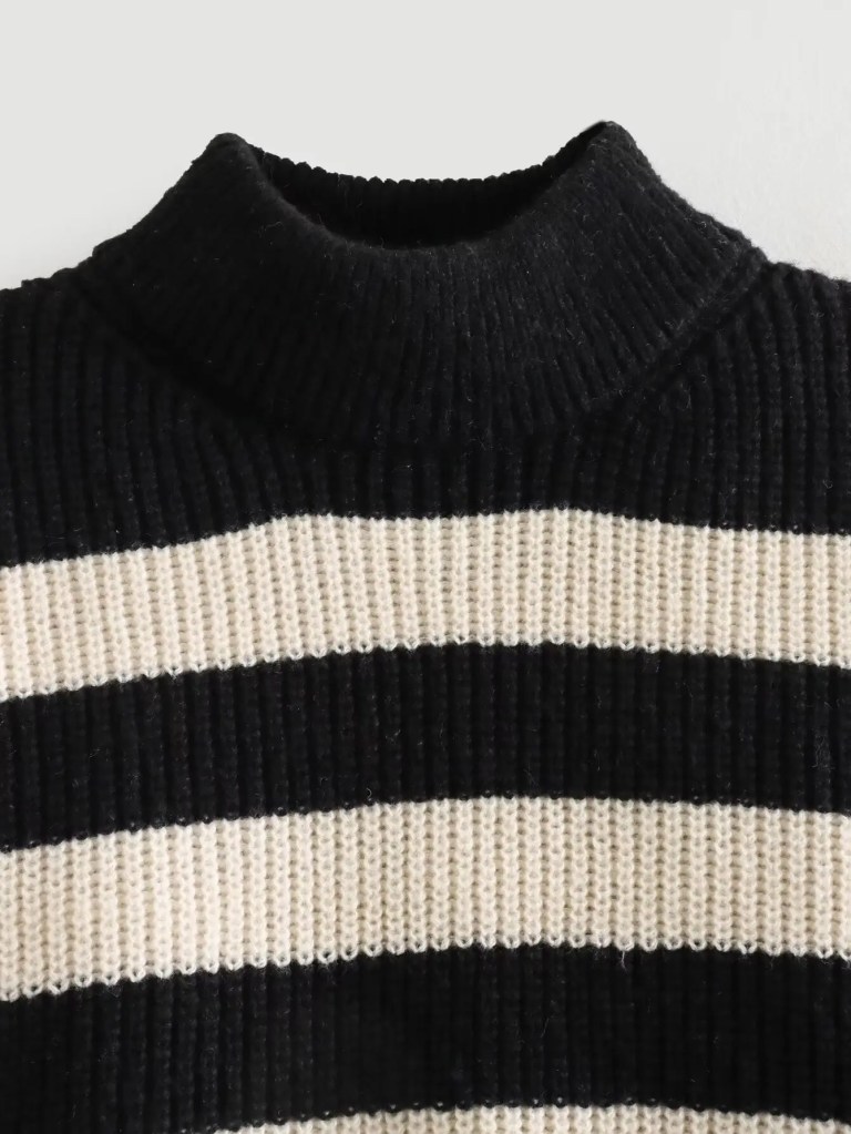 Women’s Buckle Sleeve Black White Strip Gold Button Detail High Neck Knit Jumper