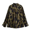 Womens Black Military Green Silk Satin Print Shirt Gold Button Detail Womens Black Military Green Silk Satin Print Shirt Gold Button Detail