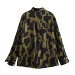 Womens Black Military Green Silk Satin Print Shirt Gold Button Detail
