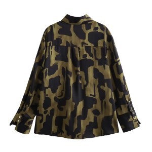 Womens Black Military Green Silk Satin Print Shirt Gold Button Detail Womens Black Military Green Silk Satin Print Shirt Gold Button Detail
