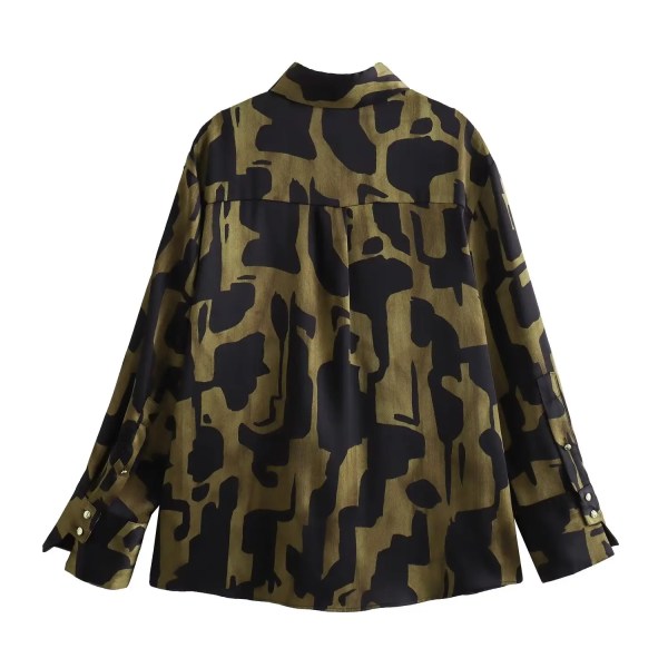 Womens Black Military Green Silk Satin Print Shirt Gold Button Detail Womens Black Military Green Silk Satin Print Shirt Gold Button Detail