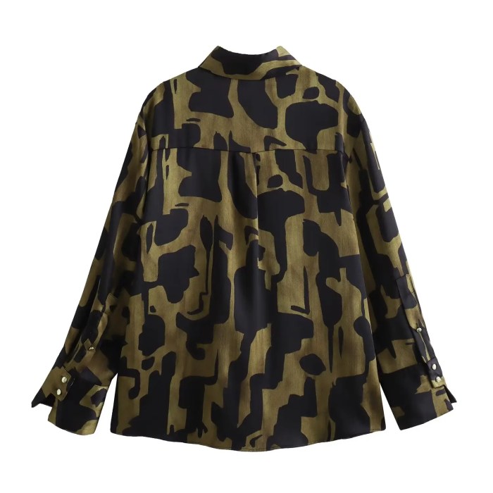 Womens Black Military Green Silk Satin Print Shirt Gold Button Detail Womens Black Military Green Silk Satin Print Shirt Gold Button Detail
