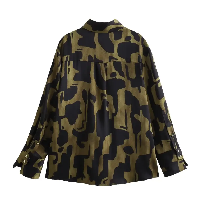 Womens Black Military Green Silk Satin Print Shirt Gold Button Detail