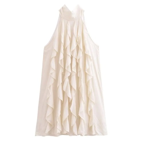 Womens Apricot Ruffle Halter Sleeveless Mini Dress