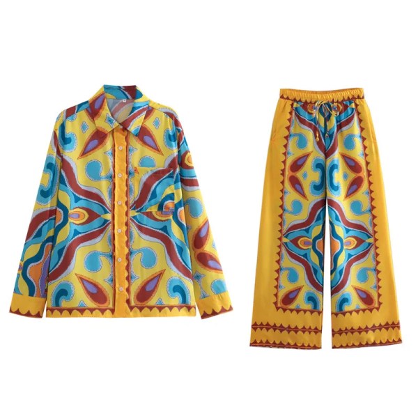 Boojee Boho print Womens Silky Satin loungewear Shirt and Pant Set