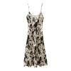 Womens Micro Strap Black White Print Silk Satin Midi Dress