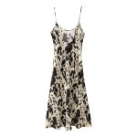 Womens Micro Strap Black White Print Silk Satin Midi Dress