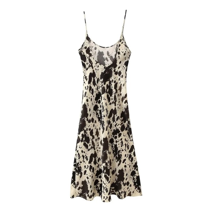 Womens Micro Strap Black White Print Silk Satin Midi Dress