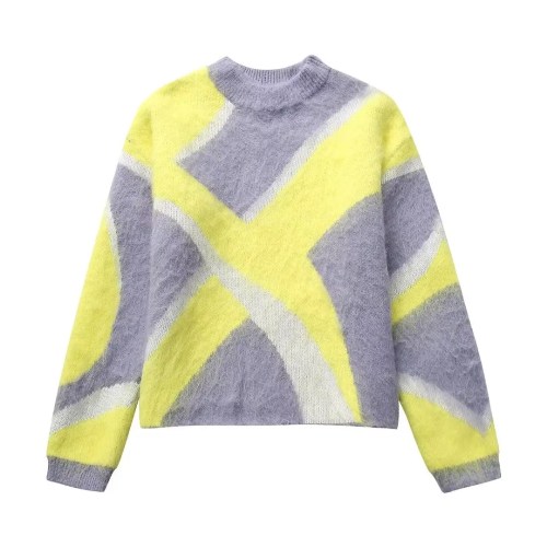 Womens Tidal Knit X Round Neck Jumper in Vibrant yellow and Gray