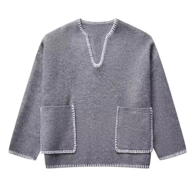 Womens Straight V Cut Neck Kint Jumper with woven Pockets Light Grey Womens Straight V Cut Neck Kint Jumper with woven Pockets Light Grey