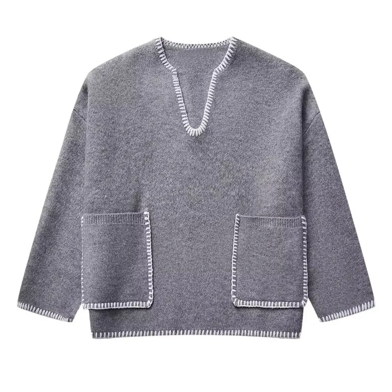 Womens Straight V Cut Neck Kint Jumper with woven Pockets Light Grey