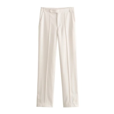 Womens Straight Jacket Belt White Blazer + Slit Mid Waist Straight Pants Set