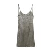Womens Metallic Foil Thin Strap Backless Low cut Slim Fit Mini dress