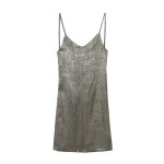 Womens Metallic Foil Thin Strap Backless Low cut Slim Fit Mini dress