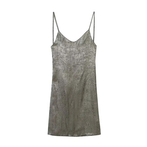 Womens Metallic Foil Thin Strap Backless Low cut Slim Fit Mini dress