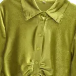 Womens Green Slim Line Ruched Velvet Shirt Button up Mini Dress